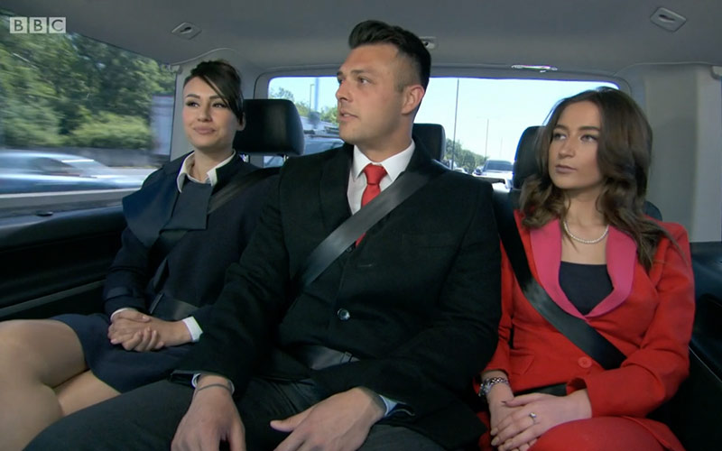 L-r: Scarlett Allen-Horton with Lewis and Lottie on The Apprentice ©BBC