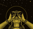 Engraving vector of a Young hipster woman with binoculars and stars. istock-1127212818.