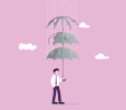 Businessman spreading multi layer umbrella to cover rain.