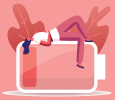 Tired or Haggard Businesswoman Character Lying on Huge Battery with Low Red Charging Level. - Credit: iStock - 1277390923