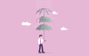 Businessman spreading multi layer umbrella to cover rain.