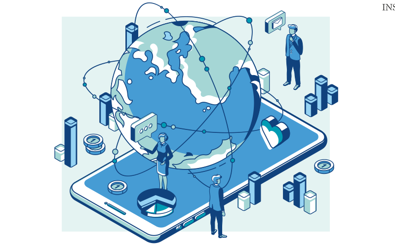 World news isometric landing page. Earth globe lying on huge smartphone screen with tv presenters broadcasting on television.Credit: iStock - 1197355483